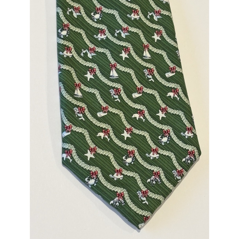 Vineyard Vines Christmas Tie Green Nautical Garland Whales Lobster Boats Silk